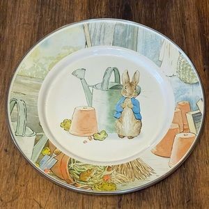 Golden Rabbit Enamelware Plate - Peter & the Watering Can Pattern 8.5”